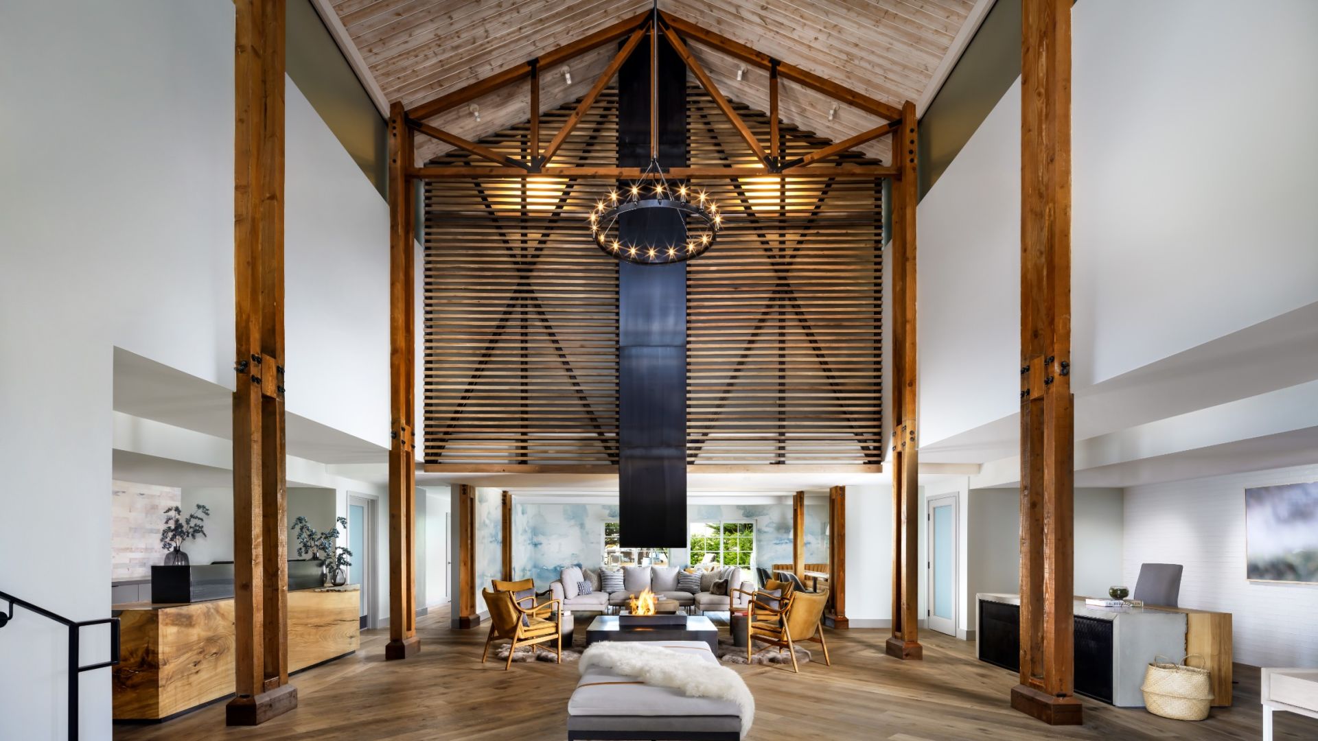 A Room With A Wood Ceiling And A Wood Ceiling